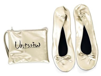 Untssiw Faltbare tragbare Ballerinas für Damen, zum Aufrollen, mit Reisetasche, zusammenklappbar, Ballerinas für Damen, Schwarz, Silber, Gold, Rosa, champagnerfarben / goldfarben, X-Large