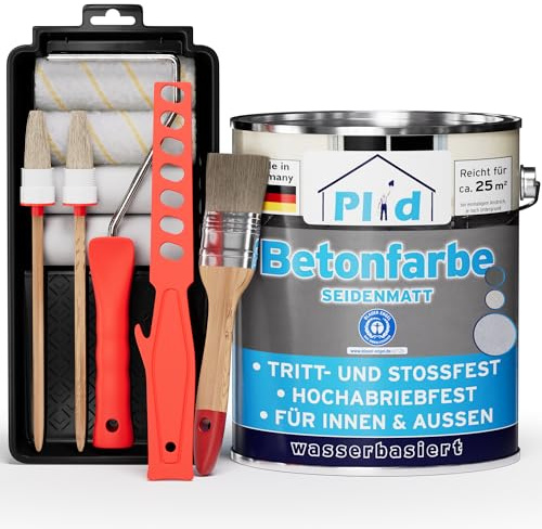 Plid Betonfarbe Silbergrau Seidenmatt 2,5 L Set - Bodenfarbe für Beton | Flüssigkunststoff Bodenbeschichtung | Kellerbodenfarbe | Innen & Außen | ca. 25 m² | UV-beständig | Made in Germany
