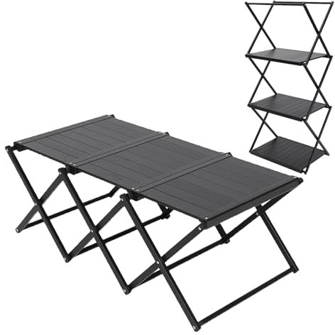 Portable Collapsible Table 3Tier Storage Racks Dual Purpose Folding Lightweight Aluminum Roll Up Large 3ft for Indoor Outdoor Picnic Backyard Camp Kitchen