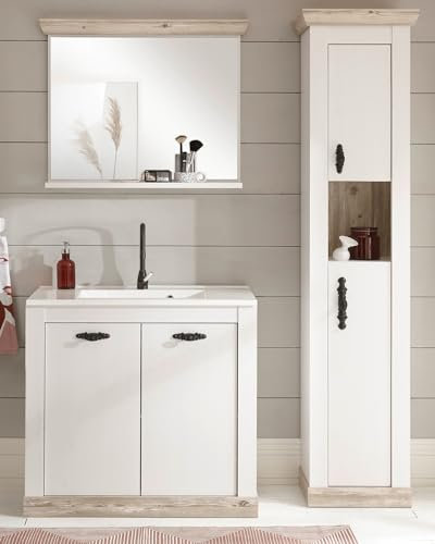 Furn.Design Badmöbel Set in weiß Pinie/Oslo Pinie Landhaus-Stil Badezimmer 4-teilig mit Waschbeckenunterschrank MIT Waschbecken, Spiegel und Hochschrank 143 x 200 cm Rovola (Set 2)