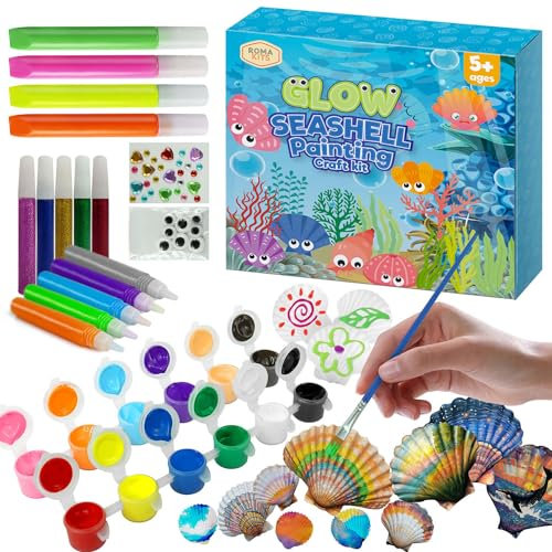 Set de conchas para pintar y decorar, kit de manualidades y pinturas, regalo para niños a partir de 5 años. Kit de pinturas fluorescentes y brillantinas con conchas muy completo.