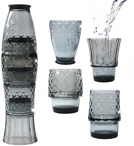 Gökotta Set of 4 | Handmade Stacking Koi Carp Fish Cocktail Glasses | Drinking Tumblers | Retro Fun Quirky Gift Present | Dinner Party Water Juice Coffee Mugs Cups | 4PCS 250ml (Smoke Grey)