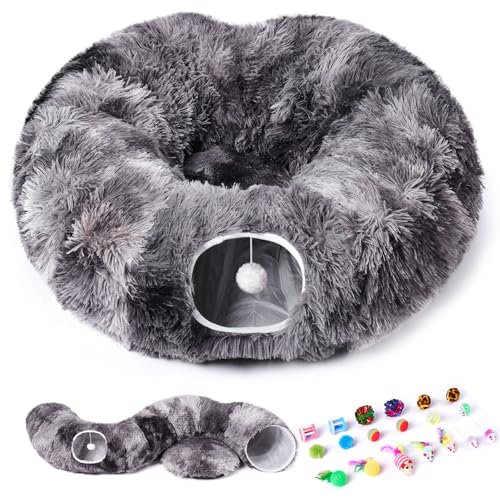 Odoland Katzentunnel große Katzenspielzeug mit Plüsch Katze Bett Katzentunnel mit Ball für Indoor Katzen, Multifunktionales Tunnel für Katzen - Dunkelgrau