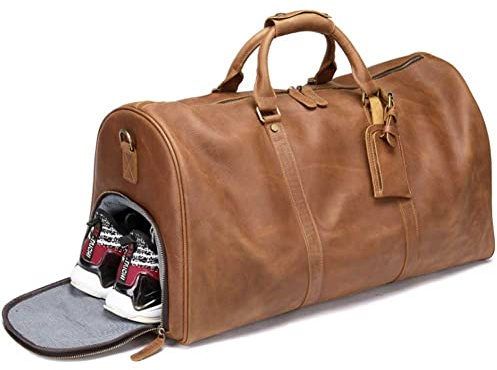 QTANZIQI Übergroße Reise-Reisetasche aus Leder, Echtleder-Reise-Wochenende-Übernachtungs-Reisetasche, Sport-Gepäcktaschen für Herren, braun