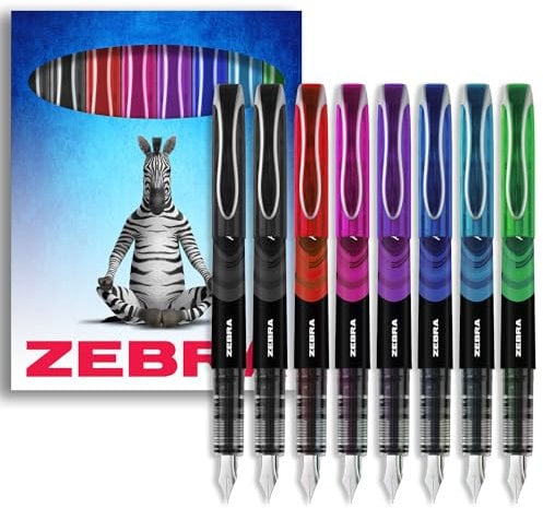 Zebra Fuente - Disposable Fountain Pen - One of Each Coloured Ink + Extra Black - Pack of 8 - In Cardboard Wallet