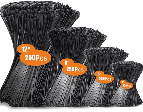 Hosuni 1000 Piezas Bridas Plastico, Bridas para Cables Profesionales 100/150/200/300mm, Bridas Negras, 18kg de Resistencia a la tracción, Resistentes a los Rayos UV para Interiores y Exteriores