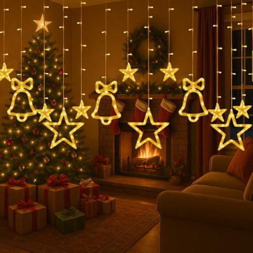 Lichterkette 176 LED Weihnachtsbeleuchtung Fenster, 2,5m Lichtervorhang mit Sternen, Bäumen & Glocken, 15 Stränge, 8 Modi, Timer, 3m Kabel, Weihnachtsbeleuchtung Innen, für Fenster & Weihnachtsdeko