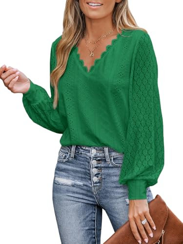 CUPSHE Women Blouse Cutout Scalloped Lace Top Long Lace Sleeves V Neck Banded Cuffs Chic Elegance Shirt, Emerald Green, M