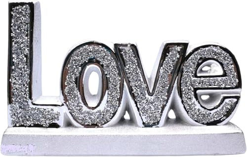 JAYOGLA Diamante Figurine Ornament, Silver Crushed Diamond, Living Room, Dining Room, Entryway, Bedroom, Wedding, Office Decoration (Silver, Love 26cm)
