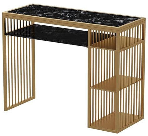 TT-YEC Portable Manicure Table, Double Tier Manicure Table with Marble Top, Gold Frame Manicure Table, Professional Beauty Studio Table for Manicure And Nail Reconstruction,Black