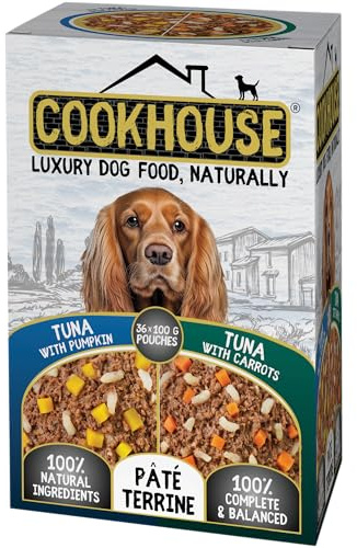 COOKHOUSE 100% Natural & Complete Luxury Wet Dog Food - 36 x 100g Pouches - Tuna with Pumpkin/Tuna with Carrots - Pate Terrine