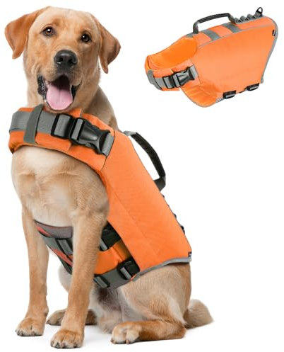 Pawaboo Schwimmweste Hund, Einstellbare Hundeschwimmweste mit Starkem Auftrieb und Langlebigem Rettungsgriff Reflektierend Rettungswesten für Hunde Schwimmen Surfen Bootfahren, XL, Orange