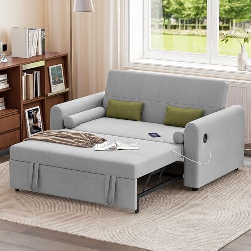 Jooli H 2 Seater Sofa Bed, 3-in-1 Convertible Fabric Pull Out Sleeper Sofa with 3-Position Adjustable Backrest, Side Pockets and USB for Living Room, Guest Room, Light Grey