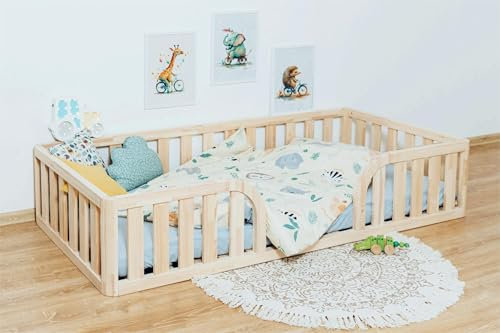 Mandrele - Montessori Bett, Bodenbett mit Lattenrost, Rausfallschutz Bett, Kinderbett, Holzbett mit Bettgestell für Jungen und Mädchen, 200x90cm, Natur Holz