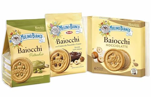 Baiocchi Tris Classico, Nocciolatte e Pistacchio Biscotti Ripieni di Crema al Cacao, Pistacchio, Nocciole e Latte per mulino bianco 168g [3 Confezioni]