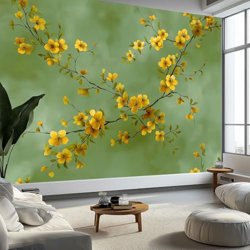 Générique Papier Peint 3D Style Vintage Peinture murale panoramique Décoration Pour Salon, Fleurs De Cerisier Jaunes Branches Chambre, Tapisserie Murales Intissé, Wallpaper Mural 200 x 140 cm