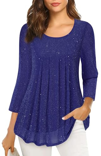 VALOLIA Women's 3/4 Sleeve Tunic Tops Casual Loose Fit Floral Blouses Mesh Pleated Layered Shirt