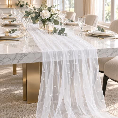 Tischläufer Tüll mit Perlen,310*80cm Perlenspitze Tischdecke Weiß Tüll | 310*80cm Perlenspitze Tischdecke, Brautparty, Romantische Deko, Tischdecke für Hochzeit, Brauttisch & DIY Dekoration