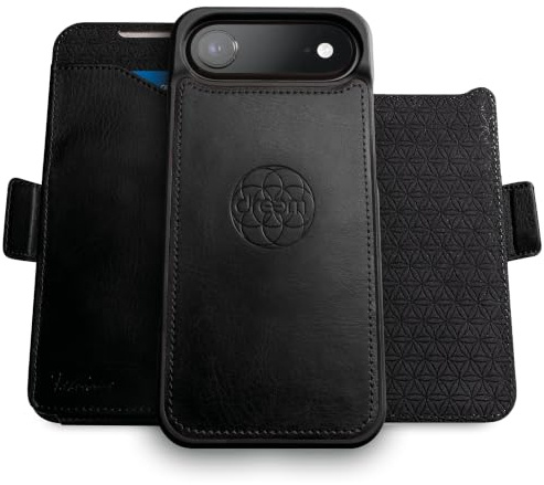 dreem Vegan Leather Magnetic Detachable Wallet Case for iPhone Air Black | Revolutionary Vert/Hor Phone Stand, RFID Blocking Card Holder Flip Cover, MagSafe-Fit, Gift Box [Fibonacci: Black]