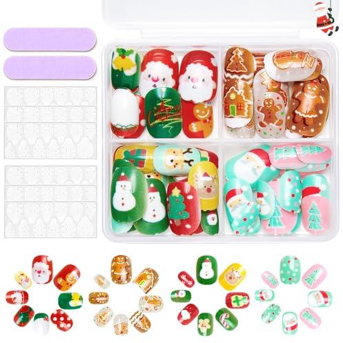 96 PCS Weihnachten falsche Nägel - 4 Kurz Selfklebende Fingernägel Set Mit lustige Weihnachtsmann, rentier, Lebkuchenfigur, Einfach Zu Verwenden - Naildesign Für Chrimas Geschenk
