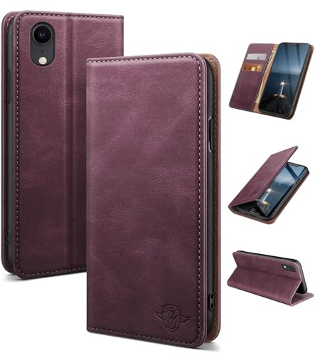 SUANDUCK for iPhone XR 6.1 mobile phone case magnetic leather flip case with RFID-blocking card compartment, adjustable stand and 360° drop protection with Apple XR Wine Red