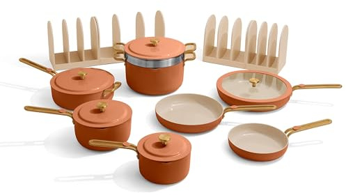 Our Place 17-Piece Essentials Complete Cookware Set - Ceramic Fry Pans, Saucepans, Sauté Pan, Stock Pot, Strainer Basket & Modular Storage | Thermakind™ Nonstick, Oven Safe up to 230°C | Terracotta