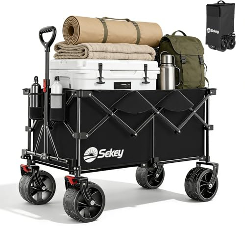 Sekey XXL Plus Bollerwagen Faltbar 200L 200KG Extra Breit-Reifen | Faltbollerwagen mit 17x10 cm All-Terrain-Räder Handwagen, Patentiert 4-Wege-Sofortaufbau Transportwagen,Schwarz