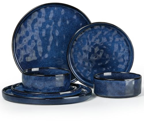 Herogo Reactive Glaze Stoneware Dinner Set for 2 People, Nebulas Blue | 6 Piece Elegant Dinnerware Plates and Bowls for Home Dining Party, Microwave and Dishwasher Safe, Chip and Scratch Resistant