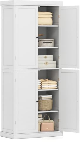 COSTWAY 6 stöckiger Garderobenschrank, Kleiderschrank mit 4 Türen & verstellbaren Regalen, Mehrzweckschrank Küchenschrank, Hochschrank für Badezimmer, Esszimmer, Büro, 76 x 40 x 184,5 cm, Weiß