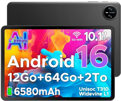 Tab A9 Android 16 Tablet 10 Inch(2026), Gemini AI Android Tablets, Unisoc T310 12GB RAM 64GB ROM(TF 2TB), 6580 mAh Battery, 5G WiFi|Dual Speaker|AI Camera|Type-C|GMS|BT|Face ID|3.5mm Jack - Black