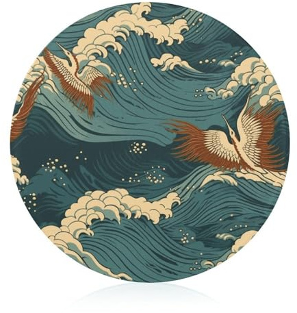 Japan Wave Wallpapers Tempered Glass Cutting Board for Kitchen Counter, Round Glass Cutting Board for Countertop, Heat Resistant Chopping Block with Non-Slip Feet and Glass Butcher Block 7.9 x 7.9