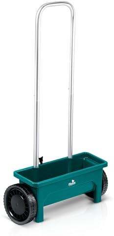 Plonos Streuwagen - Düngestreuer für Rasen und Samen - Manueller Gartenstreuer mit 10-Stufen Regulierung - Ideal für Dünger, Saatgut und Streusalz auf Gehwegen - Rostfrei - 12 L