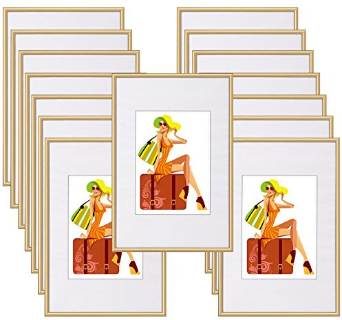 WOLTU Bilderrahmen 10x15 cm 15er Set 15er Set Fotorahmen aus Kunststoff mit Passepartout, Posterrahmen zum vertikalen oder horizontalen Aufhängen/Aufstellen, Collage Wanddeko, Gold