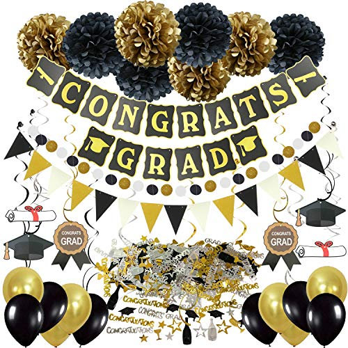 ZERODECO Abschlussdekorationen, Schwarz und Gold Congrats Grad Banner mit Seidenpapier Pom Poms Dreieckige Wimpel Girlande Spiralen Dekoration Abschluss Konfetti und Luftballon