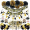 ZERODECO Abschlussdekorationen, Schwarz und Gold Congrats Grad Banner mit Seidenpapier Pom Poms Dreieckige Wimpel Girlande Spiralen Dekoration Abschluss Konfetti und Luftballon