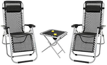 Parkland® 3 Piece Textoline Reclining Garden Chair Beach Sun Lounger Recliner Chairs and Folding Table with Cup Holder