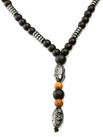 Halskette Tibetische für Männer oder Frauen mit Hämatitstücken Anhänger Rosenkranz im Budha-Stil aus Mattem Onyx und 6 mm Tigerauge sowie Energiegeladene Hämatitstücke