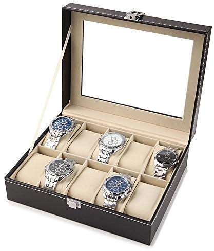 AYNEFY Uhrenbox,Uhrenkasten,PU Leder Uhrenspeicher für 10 Uhren Uhrenschatulle Elegant Uhrenkoffer Uhrenvitrine mit Durchsichtigem Deckel Schmuck Uhren Aufbewahrung für Männer Frauen, Schwarz