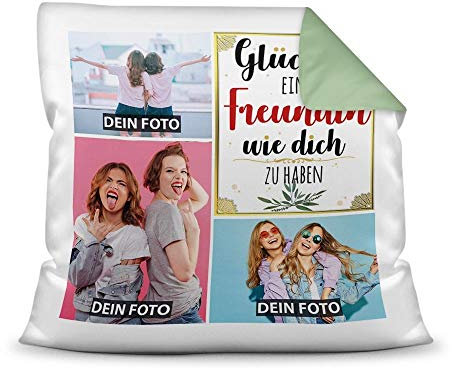 PR Print Royal Kissen mit Füllung - Fotocollage selbst gestalten mit Spruch für Freundin - GLÜCK - mit DREI eigenen Fotos - Geschenkidee Fotokissen - Farbkissen Rückseite Seegrün