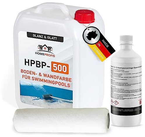 Home Profis® glänzende Swimming Pool Farbe Flüssigkunststoff inkl. Walze (5m²) | Über 30 Farben | Chlorbeständig | 2K Epoxidharz Schwimmbadfarbe | RAL 1002 Sandgelb | HPBP-500