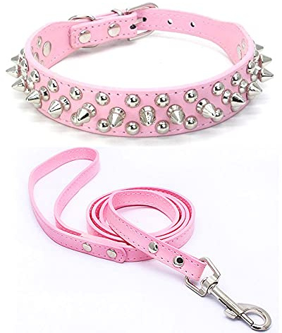 Yiwong Collar con remache ajustable y cuerda de tracción para perros, de piel con tachuelas y remache de bala