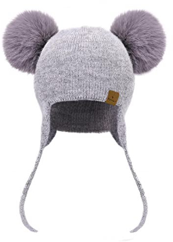 Upstar Kinder Mütze Kinderbeanie für Jungen und Mädchen 100% Kaschmir Unisex mit Zwei Bommel für Frühling Herbst Winter(grau)
