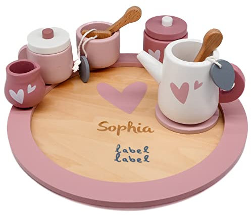 Holz Tee Set rosa - personalisierbar I Handmade Holzspielzeug ab 2 Jahren I Label-Label Teeservice Kinderküche I Geburtstagsgeschenk für Kinder I Teeparty-Spielset mit Name