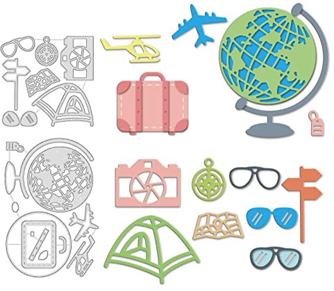 GLOBLELAND Reisethema Stanzschablonen Metall Schneiden Schablonen Globus, Koffer, Flugzeug, Zelt und Karte Stanzformen für Kartenherstellung und DIY Scrapbooking Dekor