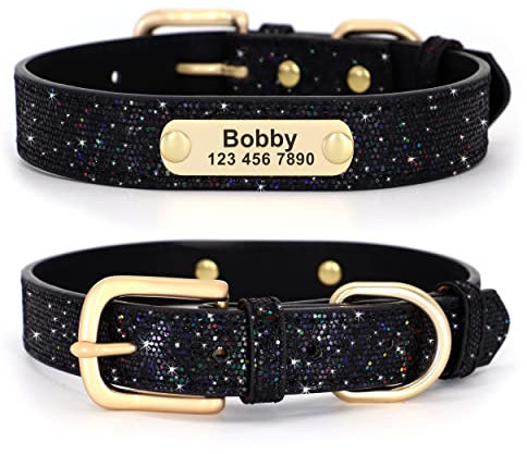 Didog Collier Chien à Paillettes, Collier personnalisé en Cuir PU Paillettes Scintillantes, Collier Chien Plaque Nominative gravée pour Chiens et Chats de Petite et Moyenne Taille, Noir, Taille L