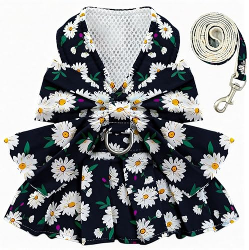 BAEJMJK Hundekleid, Schleife, Geschirr, Leinen-Set für kleine Hunde, Katzen, Gänseblümchen, Blumenmädchen, Hundekleider, niedliche Welpen, Prinzessin, Kleidung, Haustier-Outfit, Frühling Sommer