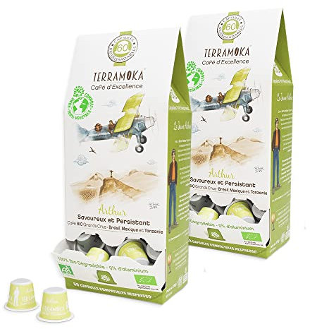TERRAMOKA 120 Capsules Café Bio d’excellence 80% Pur Arabica du Brésil et du Mexique - Compatible avec les machines à Capsules Nespresso - Riche et savoureux - Zéro Déchet - Torréfié en France