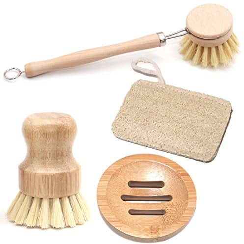 Juego de cepillos de limpieza naturales de cocina, 4 piezas, cepillo largo de madera + cepillo redondo de bambú + jabonera + juego de paños de limpieza de lufa, cepillo de cerdas naturales para lavado