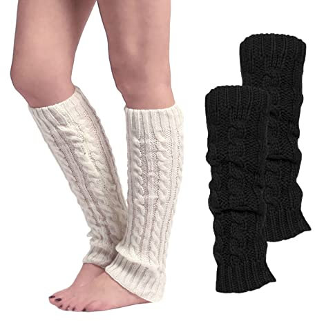 NITAIUN 2 Paar Damen Frauen Winter Crochet Stricken Lange Gestrickt Beinwärmer Legwarmers Schwarz Beinwärmer Knöchelwärmer für Ballett Fitness Yoga Frauen und Mädchen (Schwarz,Weiß)