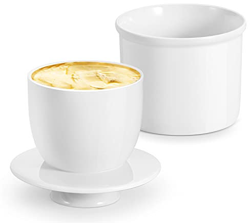 Flexzion Porcelain Butter Crock Butter Keeper, French Butter Dish Bell with Lid, Tabletop Spreadable Soft and Fresh Water Sealed Butter Holder Cafe Retro Collection Farmhouse Decor (White) 2 Pack
